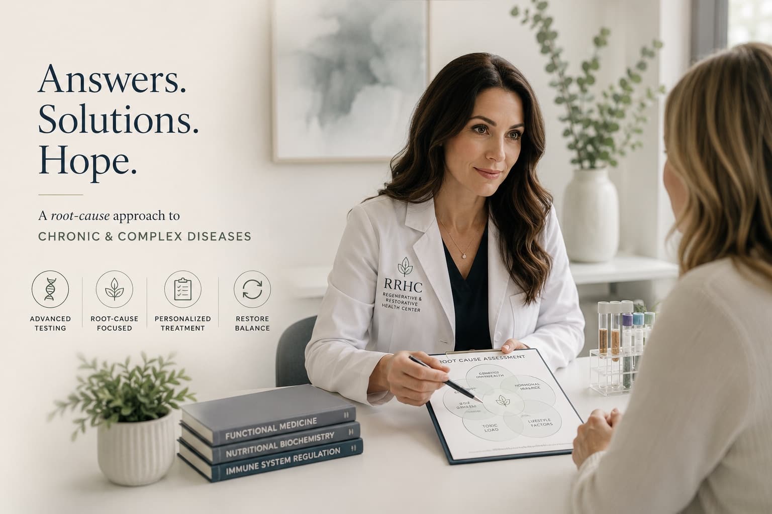 A naturopathic doctor reviewing a root-cause assessment chart with a patient—advanced testing, root-cause focus, personalized treatment, restored balance