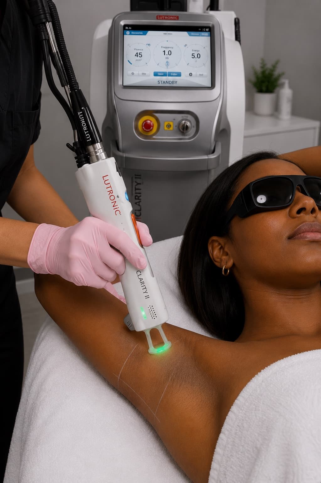 A woman receiving a Lutronic Clarity II laser treatment