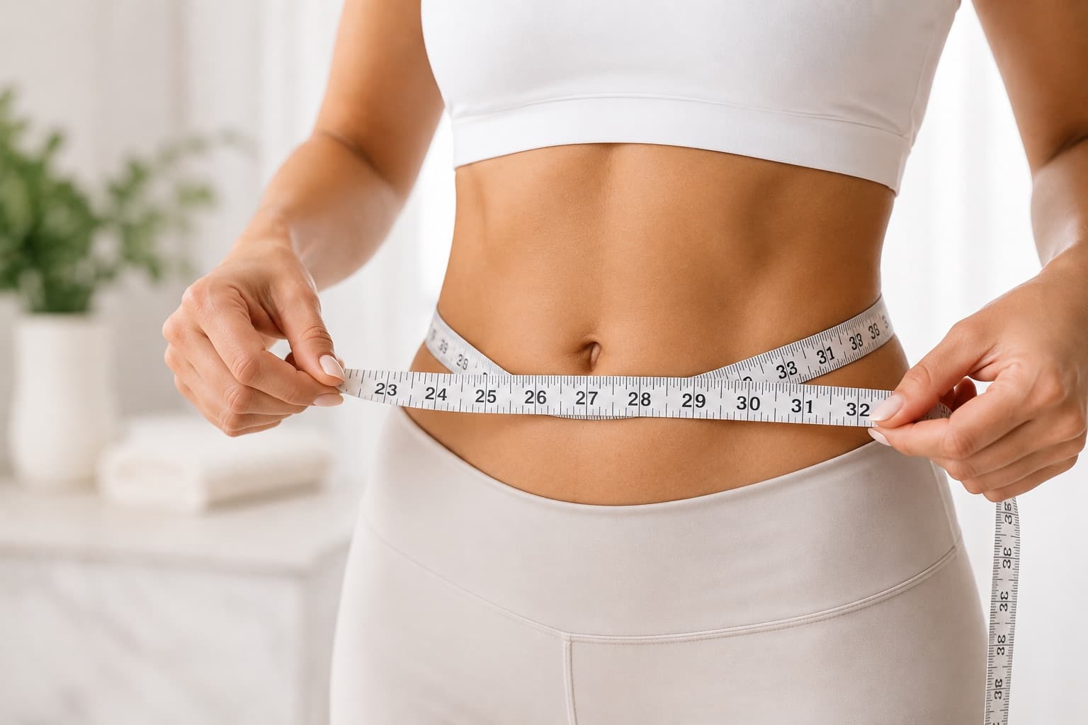 A woman measuring her waistline with a tape measure after medical weight loss