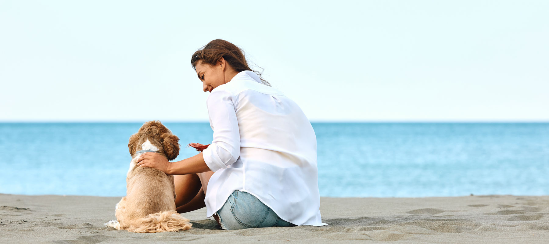 Woman And Dog Sitting On Beach
